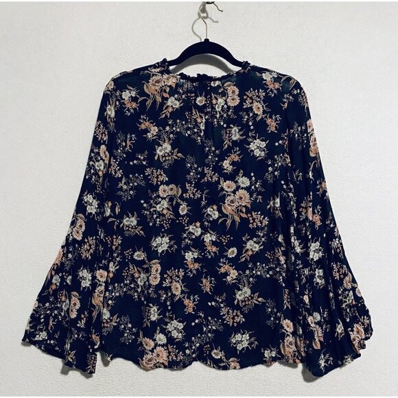 Lucky Brand Top Womens Medium Blue Floral Tie Neck Bell Sleeve Boho Peasant - Picture 4 of 7